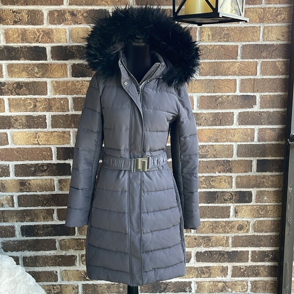EXPRESS LONG BELTED PUFFER JACKET Charcoal Grey - Picture 2 of 7